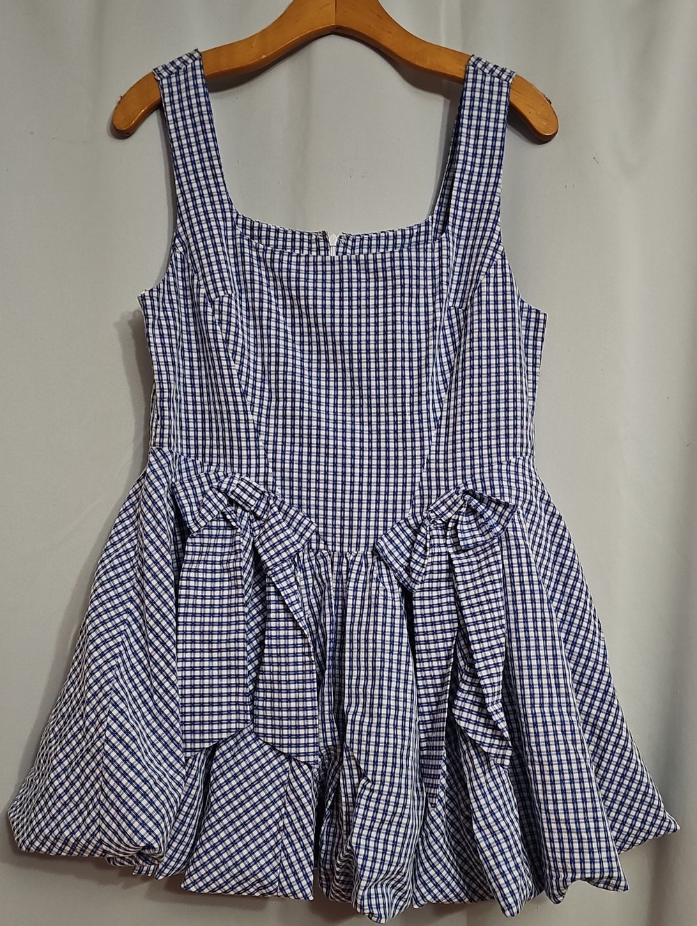 Peach Love California Blue Gingham Mini Dress Twin Waist Bows Sz. LRG fits M NWT